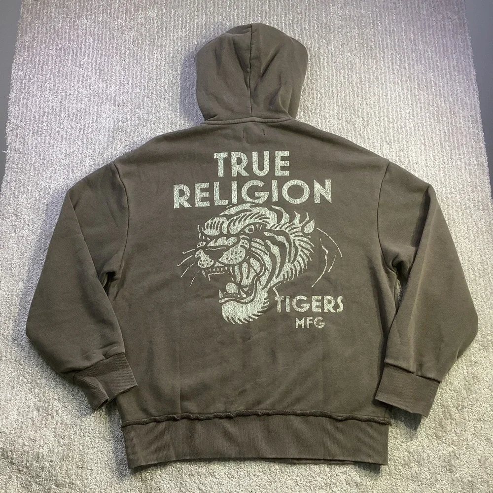 True Religion Mens Tiger Vintage Zip Up‎ Hoodie Dark Brown Distressed Size S NWT